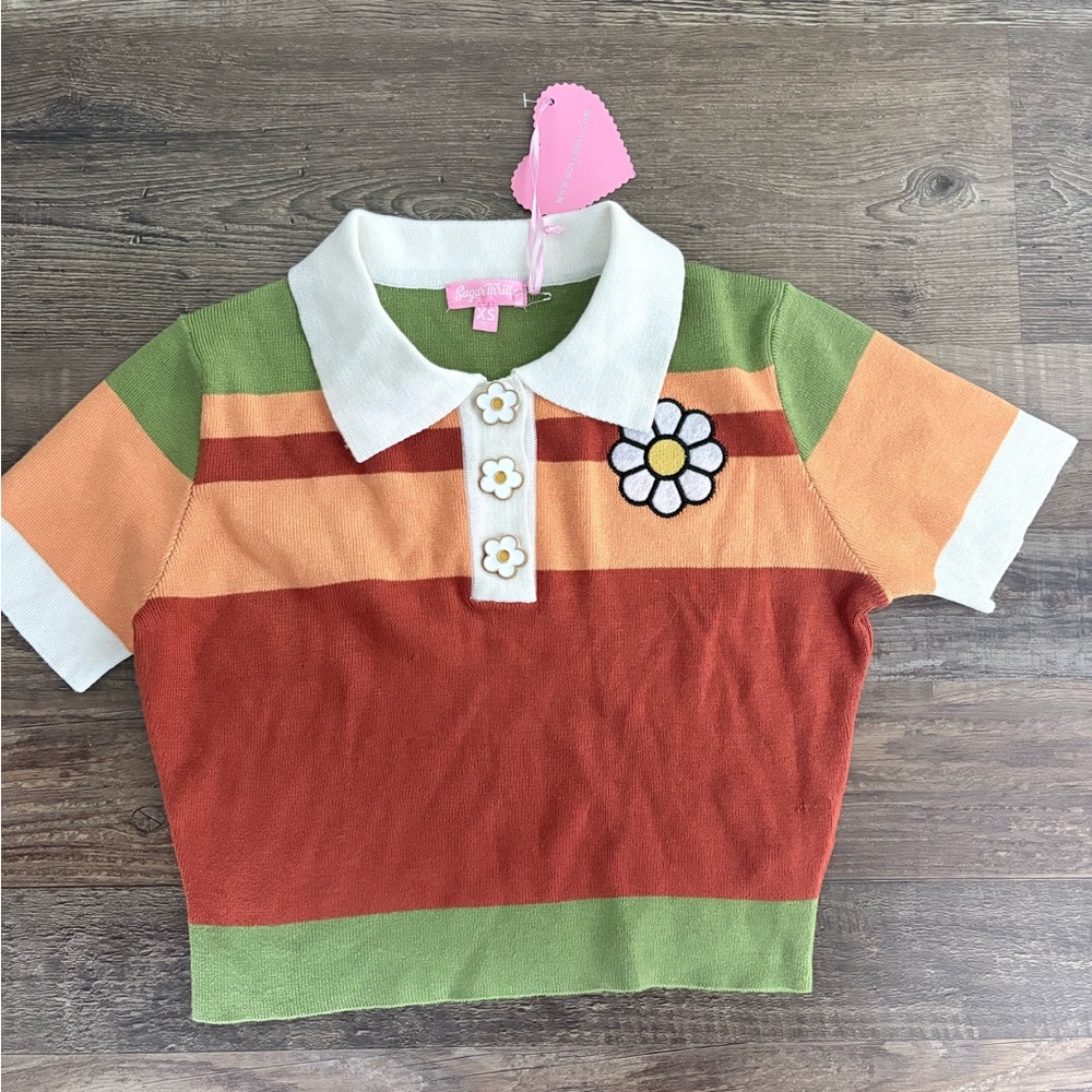 Dolls Kill Sugar Thrillz 70’s Inspired Cropped Polo Shirt Extra Small XS